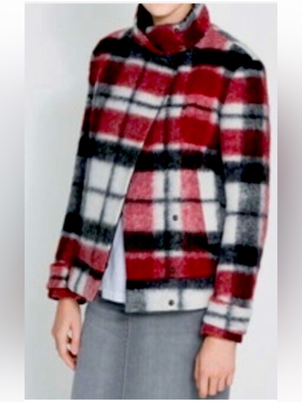 Zara Women's Wool Mohair Red Plaid Bomber Jacket Small Classic Heritage Tartan